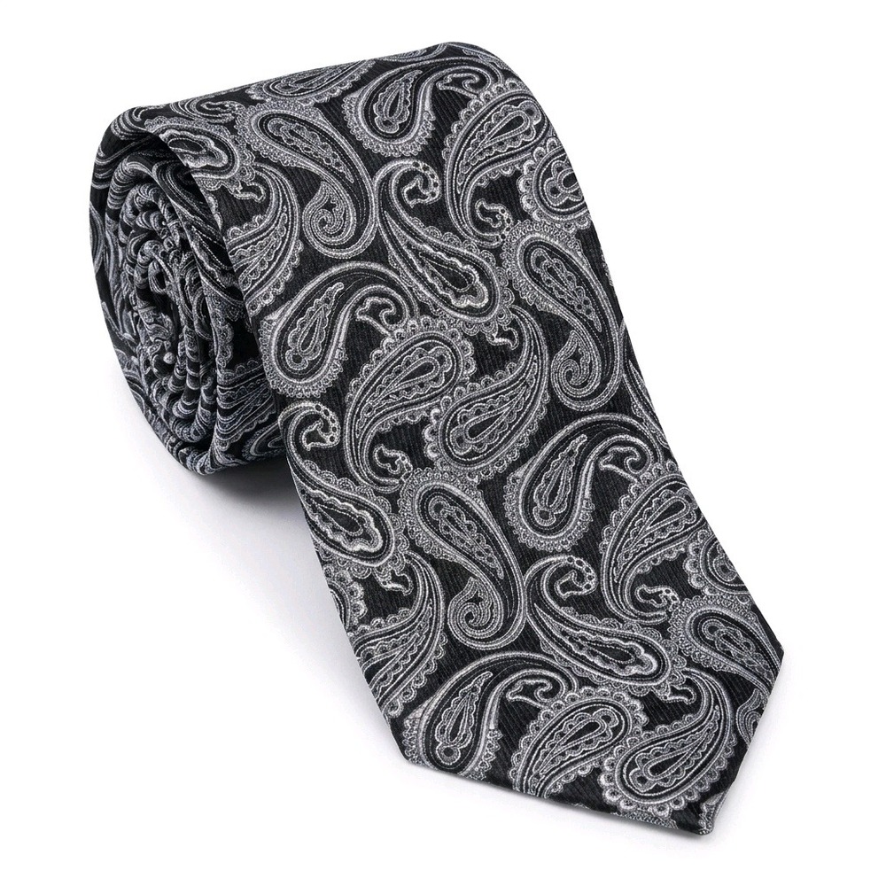 Platinum Designs Mens Silk Necktie Black Silver Grey Paisley Hand Made 58 Inch